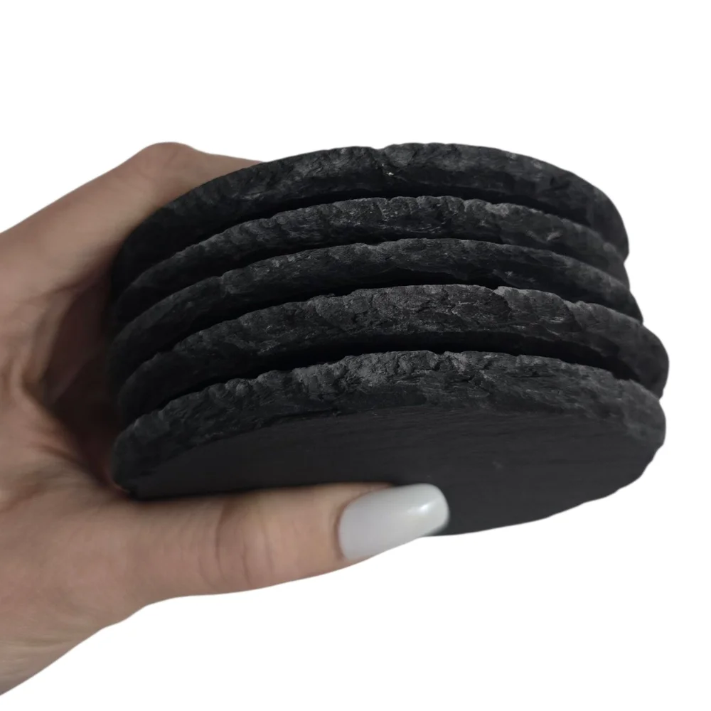 Set of 5 Jagged Slate Coasters Charcoal Gray Black Round Barware Home Essentials